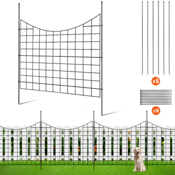 Black metal garden trellis with grid design, 6 panels included, perfect for climbing plants and pet enclosures.