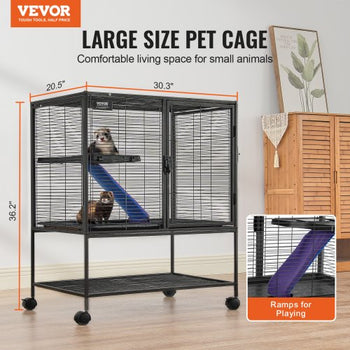 36" Rolling Metal Ferret Cage, Large 2-Tier Cage, Small Animal Cage with Ramps & Tray, Easy to Set up for Pet Rats, Hamster, Guinea Pig, Chinchilla, Squirrel, Hedgehogs, Bunny
