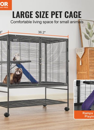 39" Rolling Metal Ferret Cage, Large 2-Tier Cage, Small Animal Cage with Ramps & Tray, Easy to Set up for Pet Rats, Hamster, Guinea Pig, Chinchilla, Squirrel, Hedgehogs, Bunny