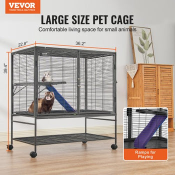39" Rolling Metal Ferret Cage, Large 2-Tier Cage, Small Animal Cage with Ramps & Tray, Easy to Set up for Pet Rats, Hamster, Guinea Pig, Chinchilla, Squirrel, Hedgehogs, Bunny