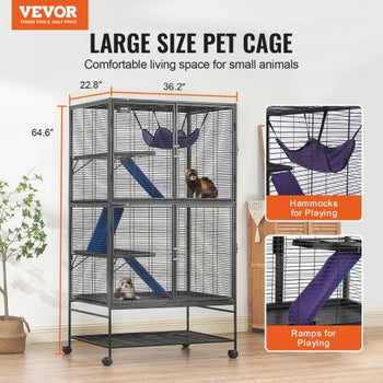 64.6" Rolling Metal Ferret Cage, Large 4-Tier Cage, Small Animal Cage with Ramps & Tray, Easy to Set up for Pet Rats, Hamster, Guinea Pig, Chinchilla, Squirrel, Hedgehogs, Bunny