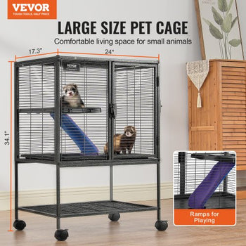 34" Rolling Metal Ferret Cage, Large 2-Tier  Cage, Small Animal Cage with Ramps & Tray, Easy to Set up for Pet Rats, Hamster, Guinea Pig, Chinchilla, Squirrel, Hedgehogs, Bunny