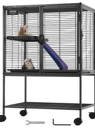 34" Rolling Metal Ferret Cage, Large 2-Tier  Cage, Small Animal Cage with Ramps & Tray, Easy to Set up for Pet Rats, Hamster, Guinea Pig, Chinchilla, Squirrel, Hedgehogs, Bunny