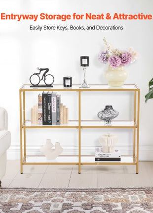 3-Tier Glass Console Table, Modern Rectangle Sofa Side Table with Tempered Glass Top and Iron Legs, Golden Consloe Desk with Anti-Tip Device for Living Room, Hallway, Entryway, Foyer, Golden