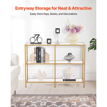 3-Tier Glass Console Table, Modern Rectangle Sofa Side Table with Tempered Glass Top and Iron Legs, Golden Consloe Desk with Anti-Tip Device for Living Room, Hallway, Entryway, Foyer, Golden