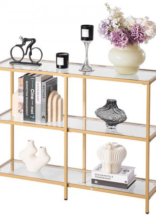3-Tier Glass Console Table, Modern Rectangle Sofa Side Table with Tempered Glass Top and Iron Legs, Golden Consloe Desk with Anti-Tip Device for Living Room, Hallway, Entryway, Foyer, Golden
