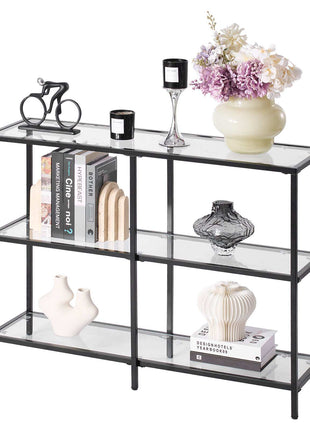 3-Tier Glass Console Table, Modern Rectangle Sofa Side Table with Tempered Glass Top and Iron Legs, Golden Consloe Desk with Anti-Tip Device for Living Room, Hallway, Entryway, Foyer, Black