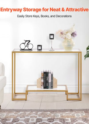 2-Tier Glass Console Table, Modern Rectangle Sofa Side Table with Tempered Glass Top and Iron Legs, Golden Consloe Desk with Anti-Tip Device for Living Room, Hallway, Entryway, Foyer, Golden