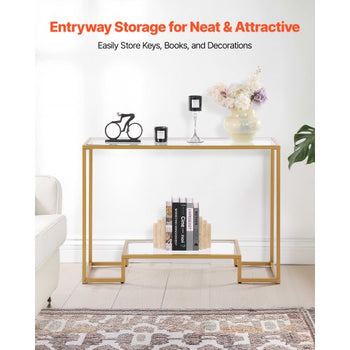 2-Tier Glass Console Table, Modern Rectangle Sofa Side Table with Tempered Glass Top and Iron Legs, Golden Consloe Desk with Anti-Tip Device for Living Room, Hallway, Entryway, Foyer, Golden