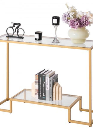 2-Tier Glass Console Table, Modern Rectangle Sofa Side Table with Tempered Glass Top and Iron Legs, Golden Consloe Desk with Anti-Tip Device for Living Room, Hallway, Entryway, Foyer, Golden