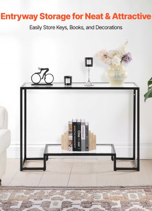 2-Tier Glass Console Table, Modern Rectangle Sofa Side Table with Tempered Glass Top and Iron Legs, Golden Consloe Desk with Anti-Tip Device for Living Room, Hallway, Entryway, Foyer, Black