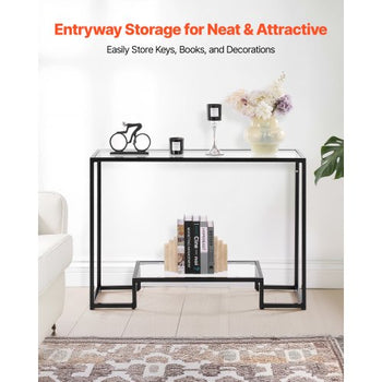 2-Tier Glass Console Table, Modern Rectangle Sofa Side Table with Tempered Glass Top and Iron Legs, Golden Consloe Desk with Anti-Tip Device for Living Room, Hallway, Entryway, Foyer, Black