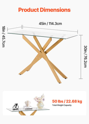 Glass Coffee Table, Modern Rectangle Sofa Side Table with Tempered Glass Top & Iron Cross-Legs, Golden Geometric Consloe Desk with Adjustable Anti-slip Foot Pads for Living Room, Entryway, Foyer