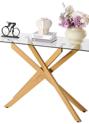 Glass Coffee Table, Modern Rectangle Sofa Side Table with Tempered Glass Top & Iron Cross-Legs, Golden Geometric Consloe Desk with Adjustable Anti-slip Foot Pads for Living Room, Entryway, Foyer