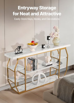 Marble Console Table, 3 Tiers Modern Console Table for Open Storage, Golden Geometric Table with Iron Tubes, Anti-Tip Device and Triangular Support for Living Room, Hallway, Entryway, Foyer