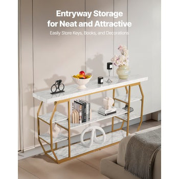 Marble Console Table, 3 Tiers Modern Console Table for Open Storage, Golden Geometric Table with Iron Tubes, Anti-Tip Device and Triangular Support for Living Room, Hallway, Entryway, Foyer