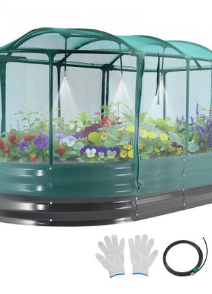 Galvanized Raised Garden Bed, 6 x 3 x 1 ft, with Self Watering System and Mesh Cover, Oval Metal Planter Box Kit Outdoor, Rustproof Alu-Zinc, for Planting Flowers Fruits Vegetables, Dark Gray