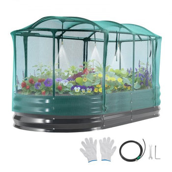 Galvanized Raised Garden Bed, 6 x 3 x 1 ft, with Self Watering System and Mesh Cover, Oval Metal Planter Box Kit Outdoor, Rustproof Alu-Zinc, for Planting Flowers Fruits Vegetables, Dark Gray