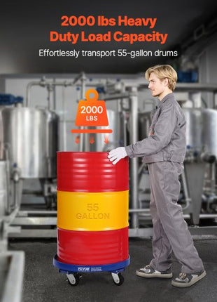 55 Gallon Drum Dolly, 2000 lbs Load Capacity, Heavy-Duty Barrel Dolly with Cross Braces and 4 Swivel Caster Wheels, Non Tipping Hand Truck Capacity Dollies for Warehouse Drum Handling, Blue