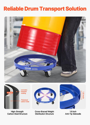 55 Gallon Drum Dolly, 2000 lbs Load Capacity, Heavy-Duty Barrel Dolly with Cross Braces and 4 Swivel Caster Wheels, Non Tipping Hand Truck Capacity Dollies for Warehouse Drum Handling, Blue