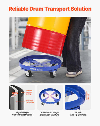 55 Gallon Drum Dolly, 2000 lbs Load Capacity, Heavy-Duty Barrel Dolly with Cross Braces and 4 Swivel Caster Wheels, Non Tipping Hand Truck Capacity Dollies for Warehouse Drum Handling, Blue