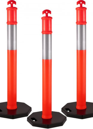 3Pack Traffic Delineator Posts 44 Inch Height, Orange Delineator Cones with Rubber Base 16 inch, PE Delineator Post Kit 10 inch Reflective Band for Construction Sites, Facility Management etc.