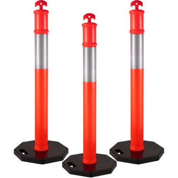 3Pack Traffic Delineator Posts 44 Inch Height, Orange Delineator Cones with Rubber Base 16 inch, PE Delineator Post Kit 10 inch Reflective Band for Construction Sites, Facility Management etc.