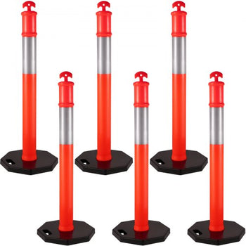 6Pack Traffic Delineator Posts 44 Inch Height, PE Delineator Cones Post Kit 10 inch Reflective Band, Delineators Post with Rubber Base 16 inch for Construction Sites, Facility Management etc.