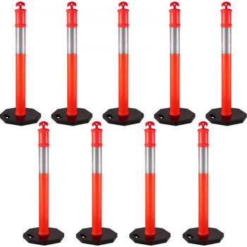 9Pack Traffic Delineator Posts 44 Inch Height, PE Delineator Cones Post Kit 10 inch Reflective Band, Delineators Post with Rubber Base 16 inch for Construction Sites, Facility Management etc.