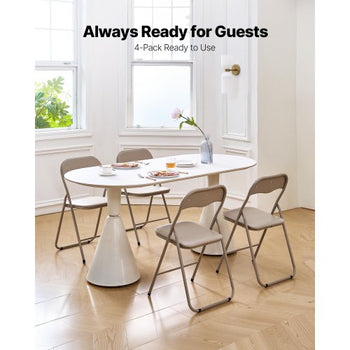 4 Pack Folding Chairs, Foldable Leather Chairs with Heavy Duty Metal Frame & Padded Cushion, Portable Folding Card Table Chairs, Stackable Seats for Home, Yard, Garden, Parties, Events, Khaki