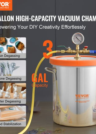 3 Gallon Vacuum Chamber, Upgraded Tempered Glass Lid Vacuum Degassing Chamber, 304 Stainless Steel Chamber, for Stabilizing Wood, Resin Degassing, Silicone Degassing and Plaster Degassing