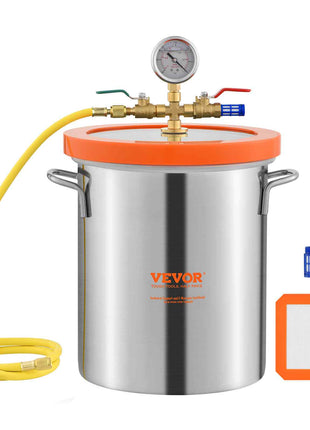 Stainless steel VEVOR pressure pot, orange lid, pressure gauge, hose, wrench, and filter included. Ideal for brewing and cooking.