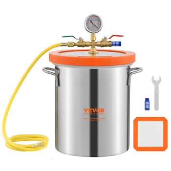 Stainless steel VEVOR pressure pot, orange lid, pressure gauge, hose, wrench, and filter included. Ideal for brewing and cooking.