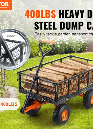 Garden Cart, Sturdy Metal Utility Wagon with Simple Assembly, Versatile Dump Cart with Dual-Function Handle, Wheelbarrow with 400 lbs Load Capacity, Equipped with 10" Wheels