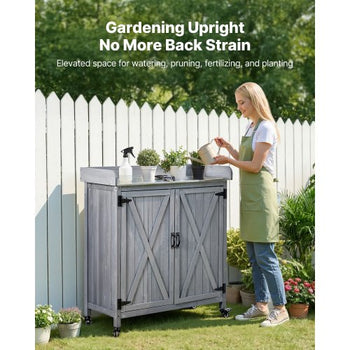 Potting Bench Table, Outdoor Gardening Wooden Storage Cabinet with 36 x 16 in Galvanized Iron Tabletop, Garden Planting Workstation with Large Storage Space, 4 Casters for Patio, Backyard, Gray