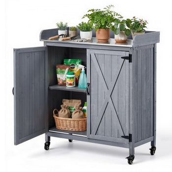 Potting Bench Table, Outdoor Gardening Wooden Storage Cabinet with 36 x 16 in Galvanized Iron Tabletop, Garden Planting Workstation with Large Storage Space, 4 Casters for Patio, Backyard, Gray