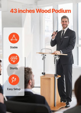 Podium Stand, 43-Inch Wooden Lectern, Portable Laptop Desk with Lockable Wheels, Wide Reading Surface and Open Storage Area, Adjustable Height and Angle, for Speeches, Lectures, or Presentations