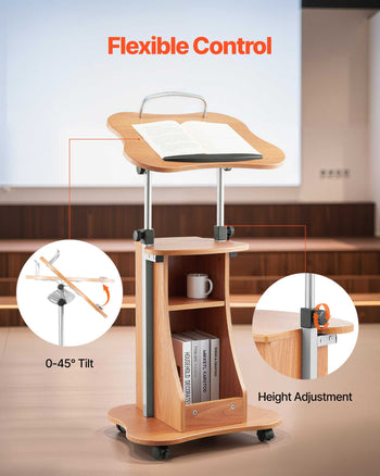 Podium Stand, 43-Inch Wooden Lectern, Portable Laptop Desk with Lockable Wheels, Wide Reading Surface and Open Storage Area, Adjustable Height and Angle, for Speeches, Lectures, or Presentations