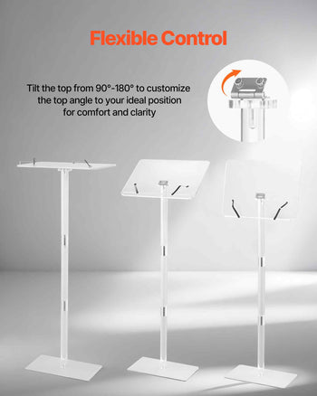 Podium Stand, 43-Inch Acrylic Lectern, Portable Laptop Desk with Wide Reading Surface, Book Clips, Adjustable Angle, Floor-Standing, for Classroom, Wedding, Conference, Lecture and Concert