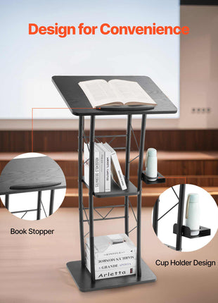 Podium Stand, 47-Inch Metal Lectern, Curved Standing Podium with Wide Reading Surface, Open Storage Compartment, Book Stopper, Cup Holder, for Classroom, Wedding, Conference, Speech, and Concert