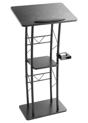 Podium Stand, 47-Inch Metal Lectern, Curved Standing Podium with Wide Reading Surface, Open Storage Compartment, Book Stopper, Cup Holder, for Classroom, Wedding, Conference, Speech, and Concert