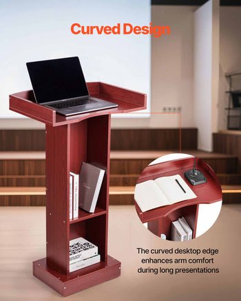 Podium Stand, 41-Inch Wooden Lectern, Laptop Desk with Wide Reading Surface and Storage Shelf, Edge Stopper, Elegant Design, Flool-Standing, for Classroom, Conference, Church, and Presentation
