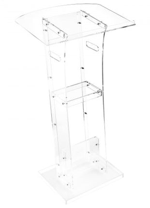 Podium Stand, 43-Inch Acrylic Lectern, Portable Laptop Desk with Wide Reading Surface and Storage Shelf, Book Stopper, Floor-Standing, for Classroom, Wedding, Conference, Lecture and Concert