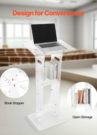 Podium Stand, 43-Inch Acrylic Lectern, Portable Laptop Desk with Wide Reading Surface and Storage Shelf, Book Stopper, Floor-Standing, for Classroom, Wedding, Conference, Lecture and Concert