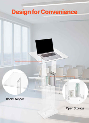 Podium Stand, 50-Inch Acrylic Lectern, Portable Laptop Desk with Wide Reading Surface and Storage Shelf, Book Stopper, Floor-Standing, for Classroom, Wedding, Conference, Lecture and Concert