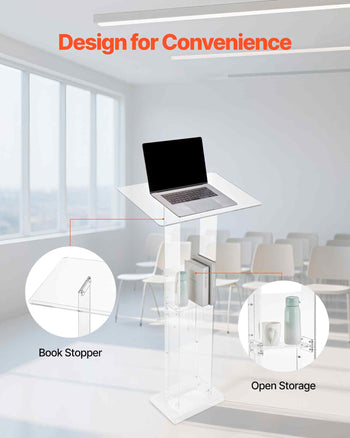 Podium Stand, 50-Inch Acrylic Lectern, Portable Laptop Desk with Wide Reading Surface and Storage Shelf, Book Stopper, Floor-Standing, for Classroom, Wedding, Conference, Lecture and Concert