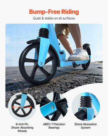 Kick Scooter for Kids Ages 8+, Teens & Adults, 2-Wheel Toddler Scooter with Adjustable Height Handlebar, Wide Anti-Slip Deck, Foldable Lightweight for Boys & Girls up to 220 lbs, Blue + Black