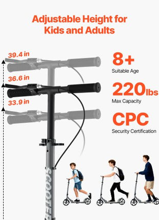 Kick Scooter for Kids Ages 8+, Teens & Adults, 2-Wheel Toddler Scooter with Adjustable Height Handlebar, Wide Anti-Slip Deck, Foldable Lightweight Frame for Boys & Girls up to 220 lbs, Gray