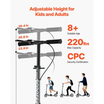 Kick Scooter for Kids Ages 8+, Teens & Adults, 2-Wheel Toddler Scooter with Adjustable Height Handlebar, Wide Anti-Slip Deck, Foldable Lightweight Frame for Boys & Girls up to 220 lbs, Gray