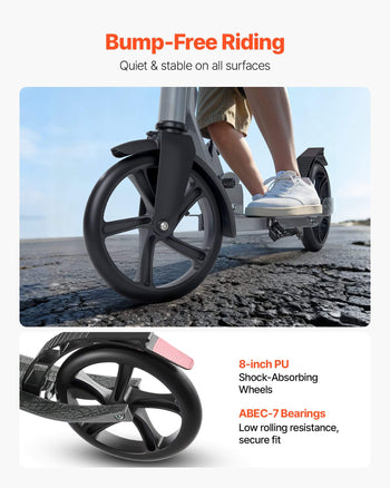 Kick Scooter for Kids Ages 8+, Teens & Adults, 2-Wheel Toddler Scooter with Adjustable Height Handlebar, Wide Anti-Slip Deck, Foldable Lightweight Frame for Boys & Girls up to 220 lbs, Gray